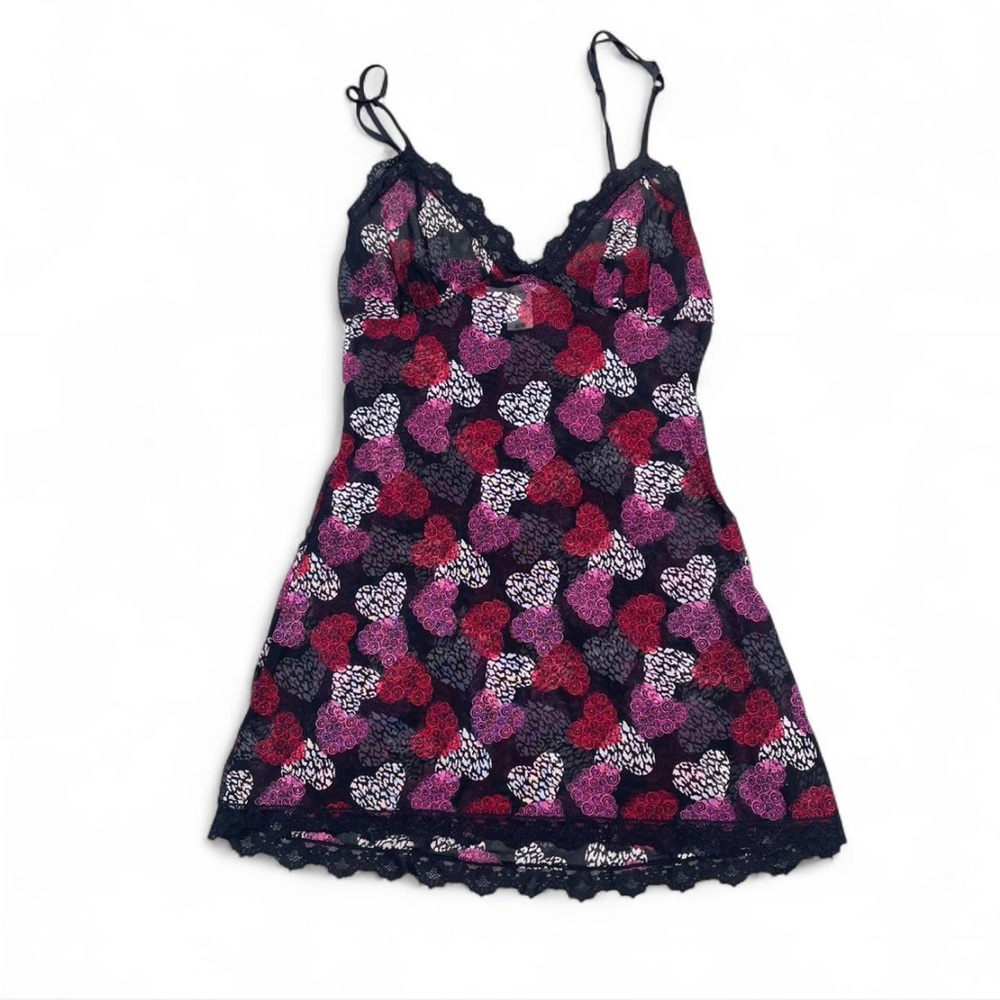 Vintage La Vie en Rose size medium Black and pink lace heart slip lingerie dress